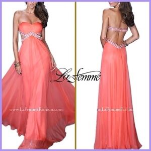 La Femme Strapless Coral Embellished Dress Gown